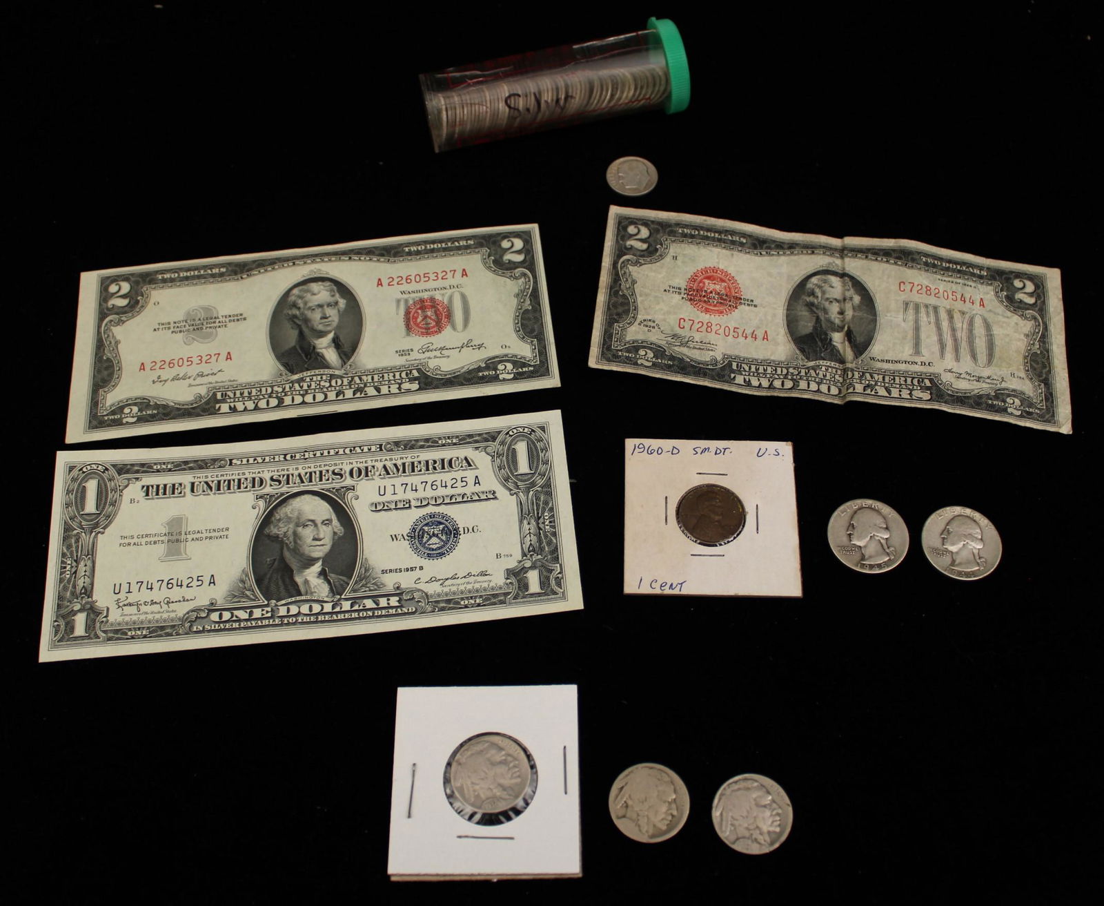 LOT OF U.S. CURRENCY PAPER BILLS AND COINS: MISC. LOT OF U.S. CURRENCY PAPER BILLS AND COINS CONSISTING OF A ONE DOLLAR SILVER CERTIFICATE, SERIES 1957 "B"; 2 TWO DOLLAR JEFFERSON BILLS, SERIES 1953 "D" AND 1928 (THE $1 1957 "B" AND $2 DOLLAR 1