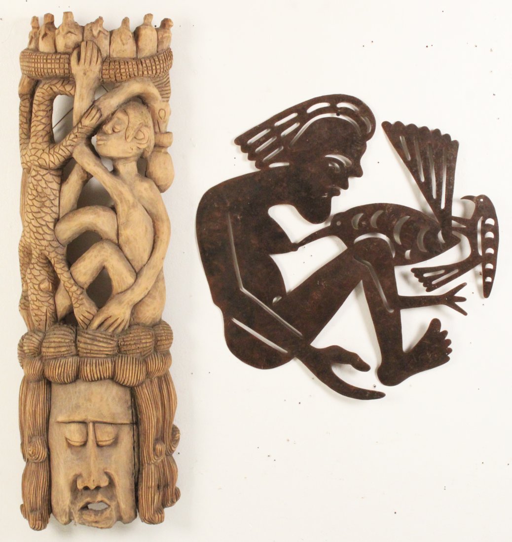 TWO PIECES OF HAITI FOLK ART: TWO PIECES OF HAITI FOLK ART INCLUDING CARVED WOOD TOTEM OF MAN AND SERPENT, ALONG WITH A CUT METAL WALL PLAQUE OF WOMAN WITH BIRD; TOTEM 40"H 12"W PLAQUE 24"H 23"W
