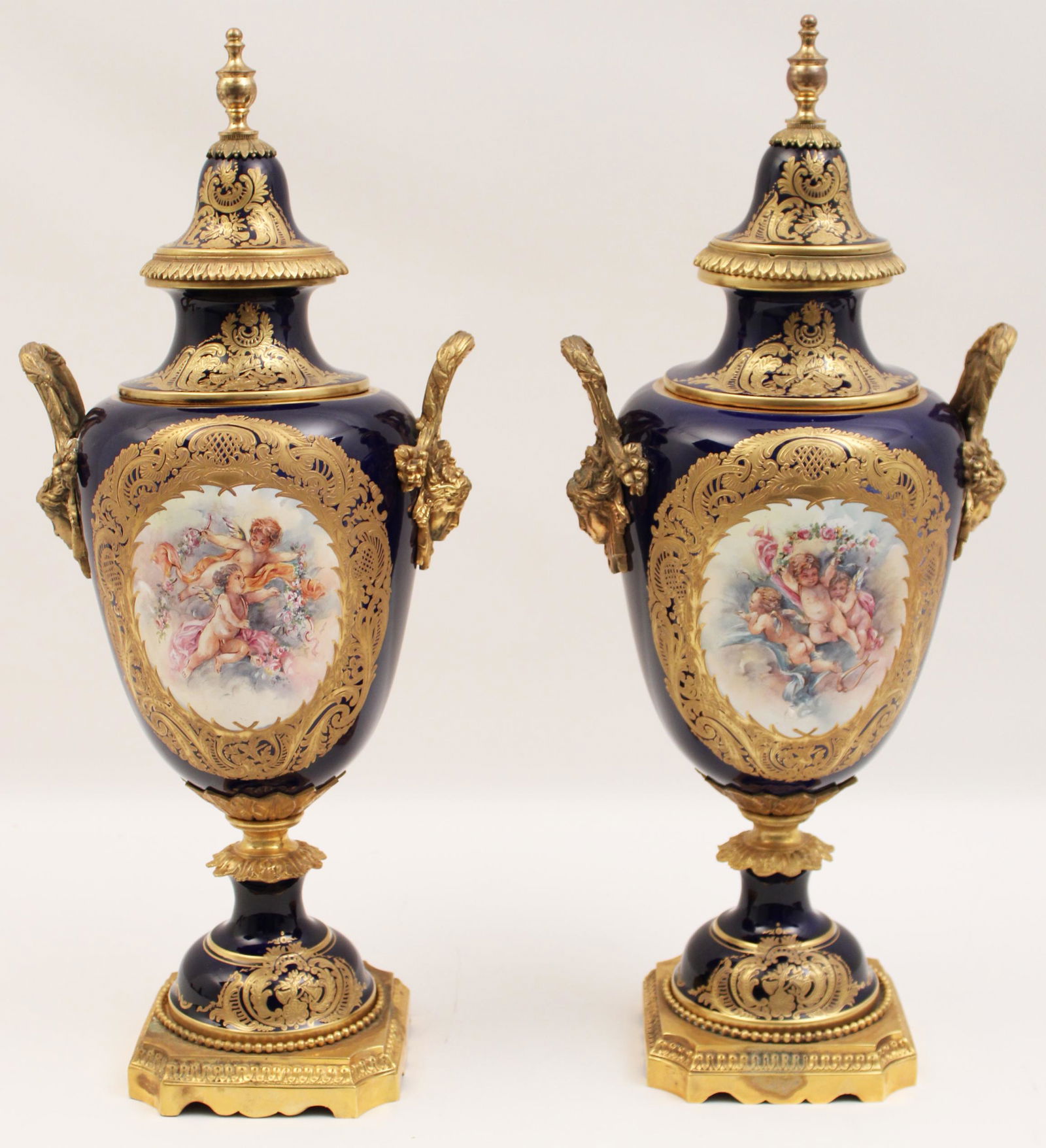 PR OF FRENCH COBALT GROUND SEVRES STYLE URNS (1 of 5)