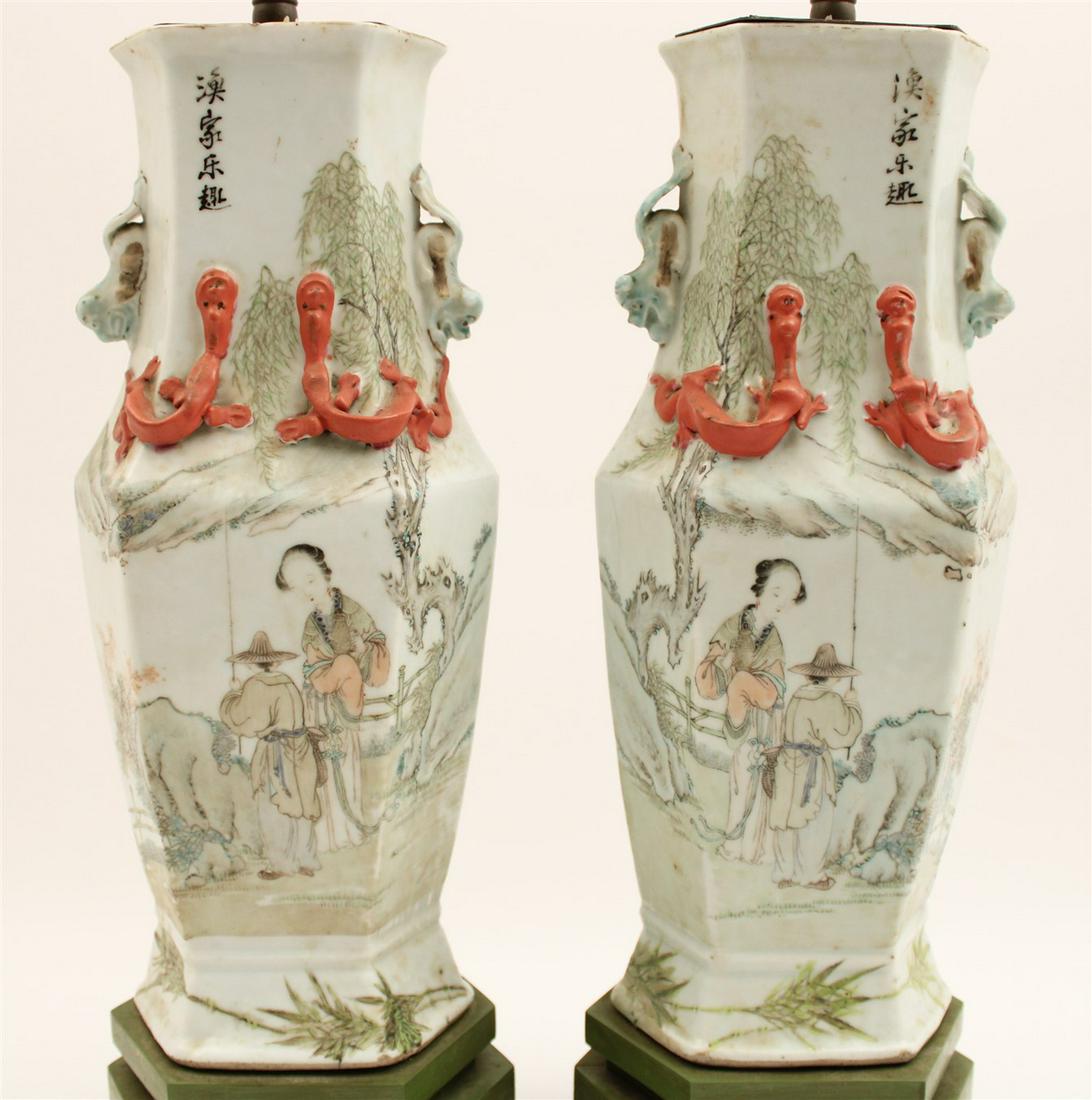 PR. OF CHINESE HEXAGON FORMED PORCELAIN VASES (1 of 5)
