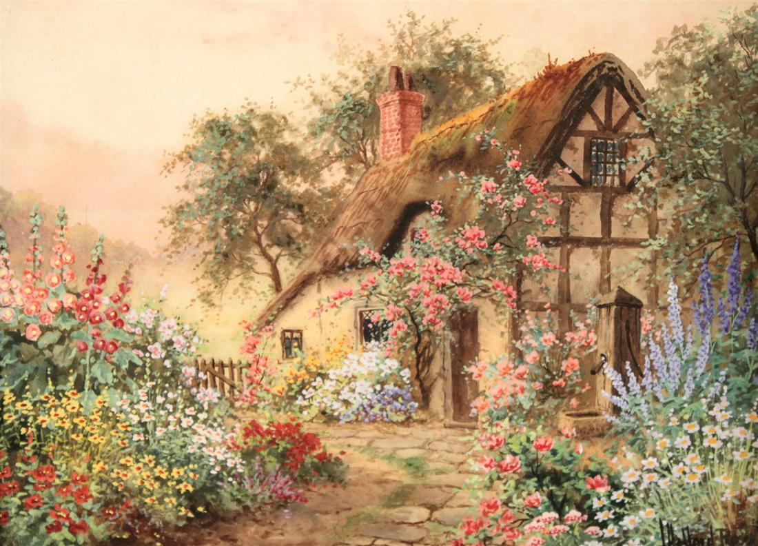 SIGNED WATERCOLOR OF COTTAGE; JOSEPH HALFORD ROSS: FRAMED WATERCOLOR OF THATCHED ROOF COTTAGE IN A HEAVILY MULTICOLORED FOLIATED SETTING, SIGNED LOWER RIGHT JOSEPH HALFORD ROSS; 16"H X 20"W OVERALL