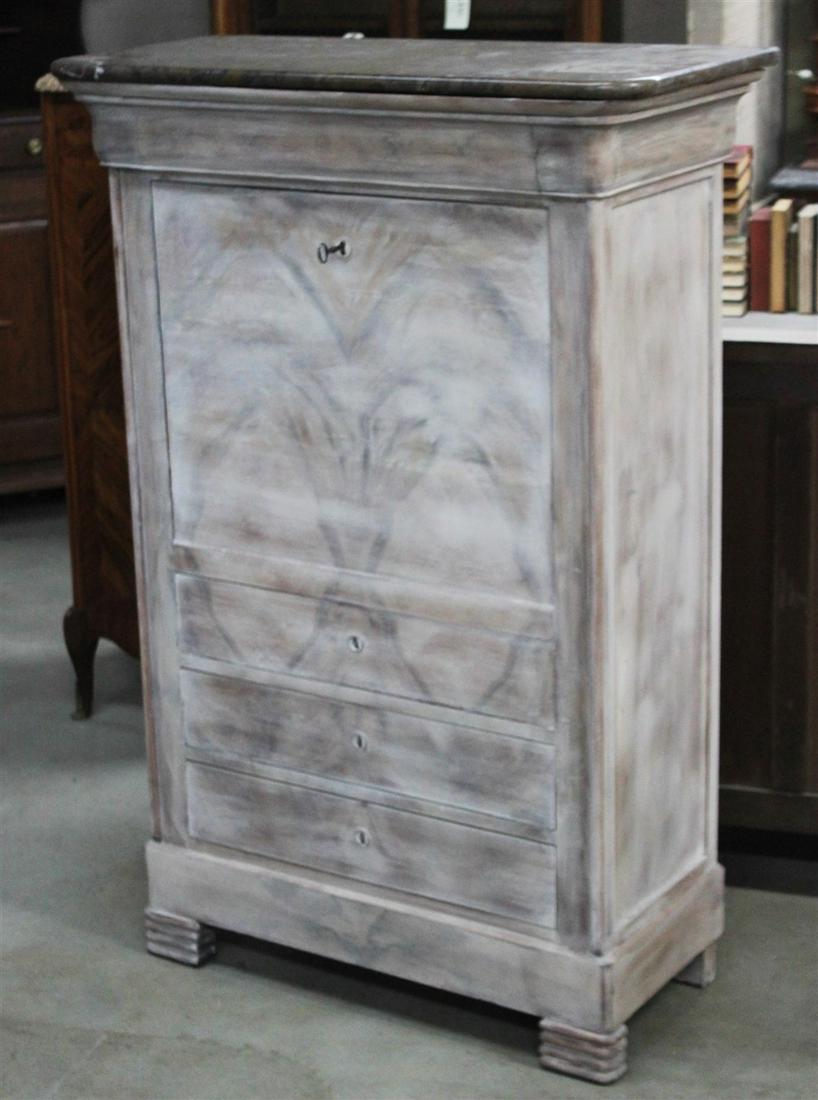 LOUIS PHILIPPE PICKLED WALNUT SECRETAIRE ABBATANT: LOUIS PHILIPPE PICKLED WALNUT SECRETAIRE ABBATANT HAVING ORIGINAL BLACK GRANITE TOP WITH FALL FRONT OPENING TO WALNUT FITTED INTERIOR; 58"H X 59.5"W X 15.5"D