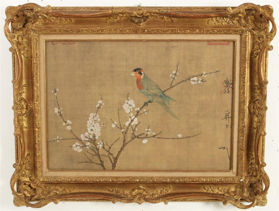 JAPANESE PAINTING ON SILK DEPICTING BIRD ON BRANCH (1 of 2)