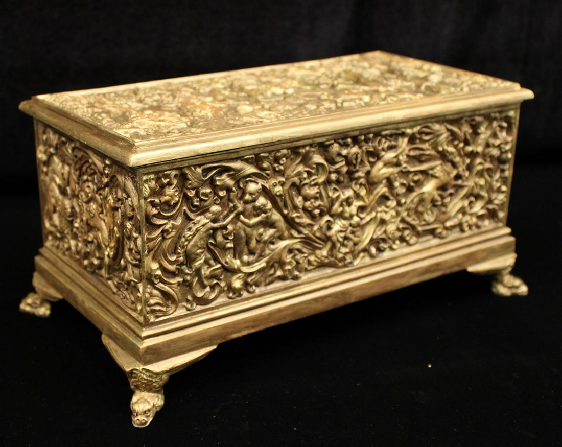 19TH C. FRENCH GILT BRONZE CASKET W/RAISED WORK PANELS (1 of 4)