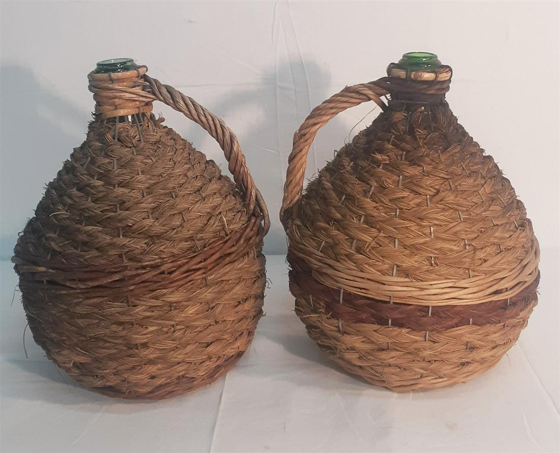 LOT OF 2 HANDBLOWN GLASS VESSELS IN WICKER CRADLES (1 of 3)