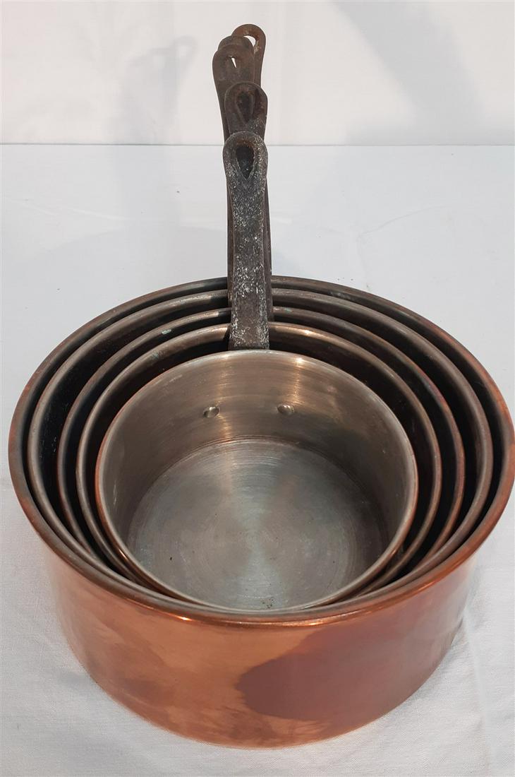 NEST OF 5 GRADUATING FRENCH COPPER CULINARY PANS (1 of 2)