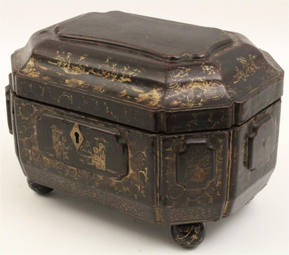 19TH C. ORIENTAL BLACK LACQUERED TEA CADDY (1 of 4)