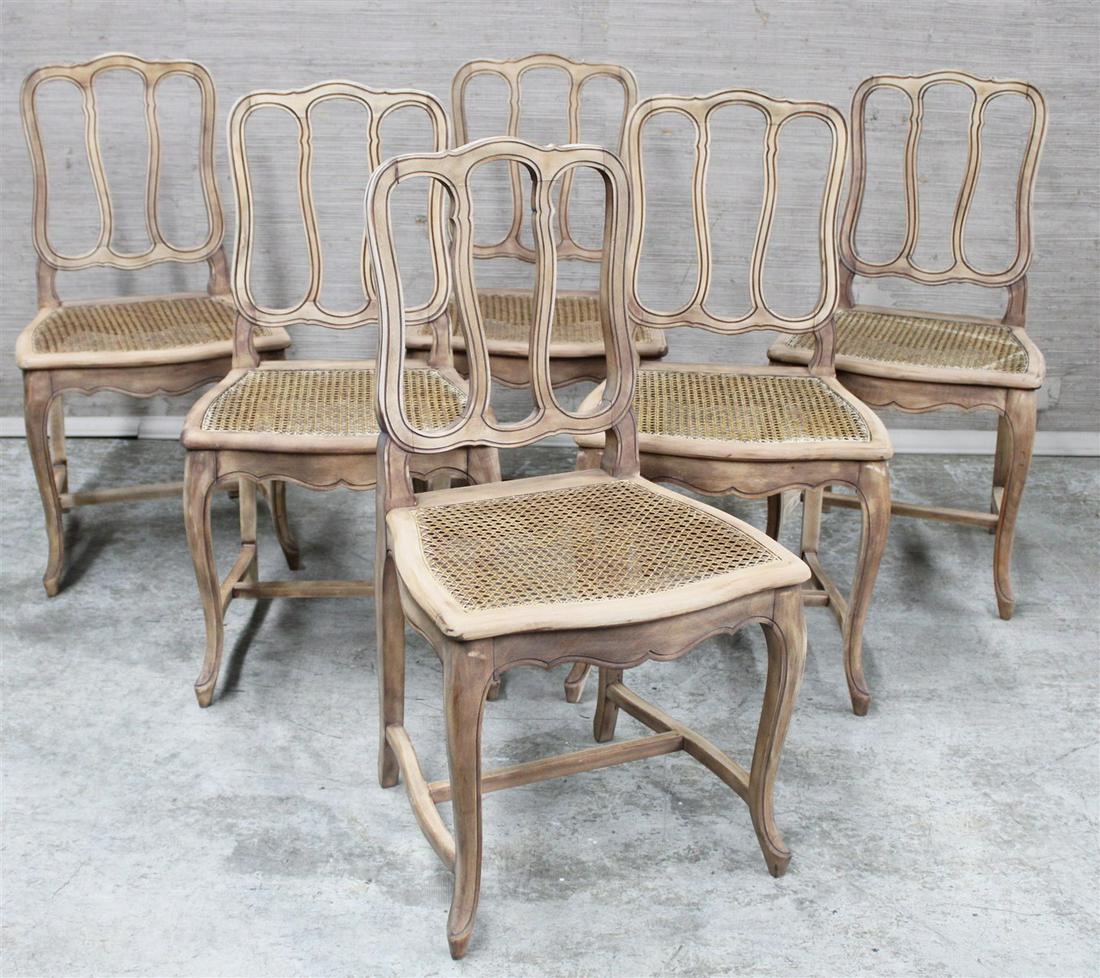 SET OF 6 LOUIS XV STYLE NATURAL FINISHED CHAIRS: SET OF 6 LOUIS XV STYLE NATURAL FINISHED FRUITWOOD CHAIRS WITH ELONGATED OPEN BACK SPLAT, CANE BOTTOM SEAT, RESTING ON CABRIOLE LEGS WITH STRETCHER SUPPORT; 36.5"H X 19"W X 20.5"D
