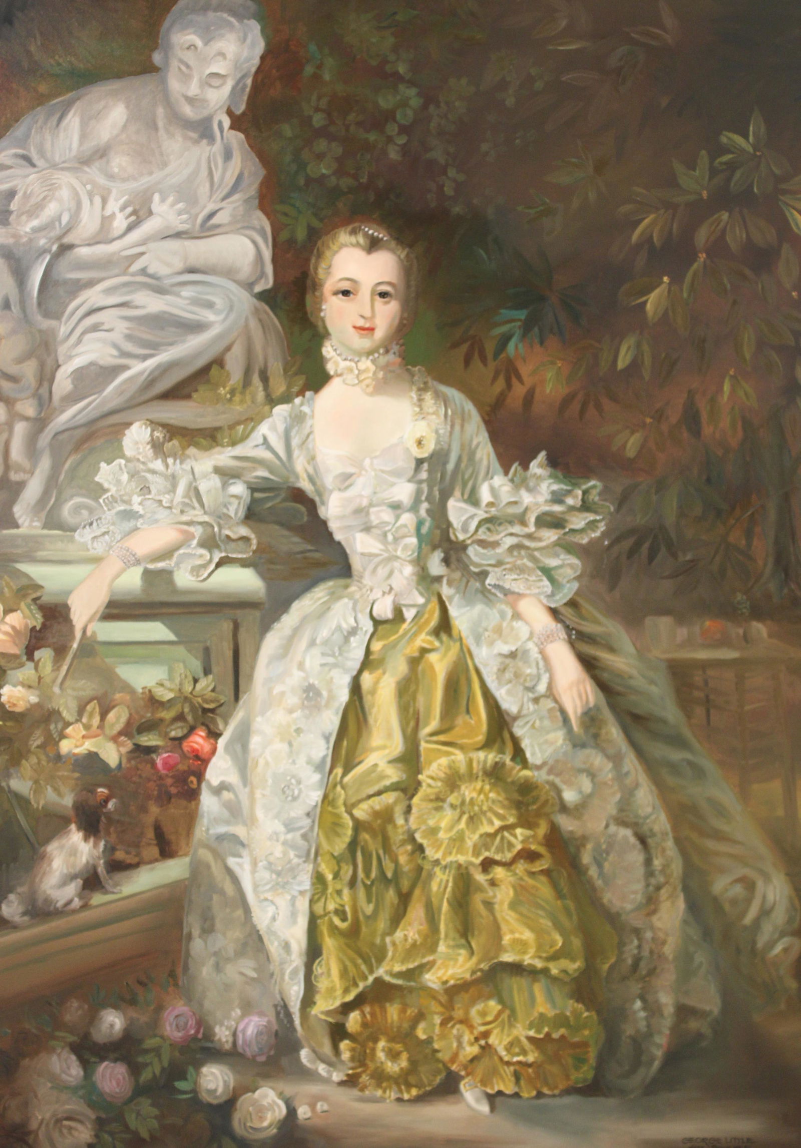 Madame de Pompadour, after Boucher: Large oil on canvas of Madame de Pompadour, after the famous 1759 work by Francois Boucher, as seen in the Wallace Collection, London, signed George Little lower right; 66"H 51"W