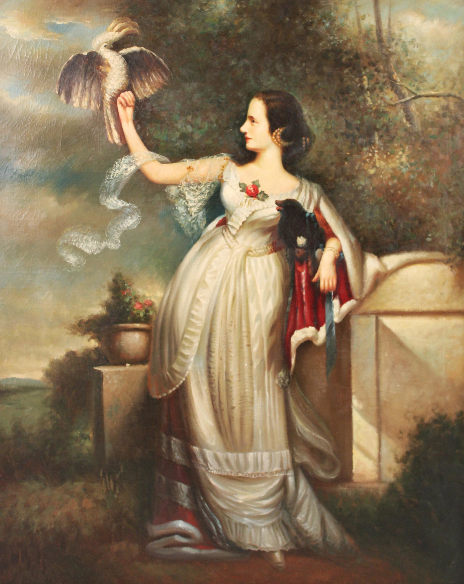 English School: Very large oil on canvas of crimson robe and silk dress, holding her cockatiel; 70"H 57.5"W