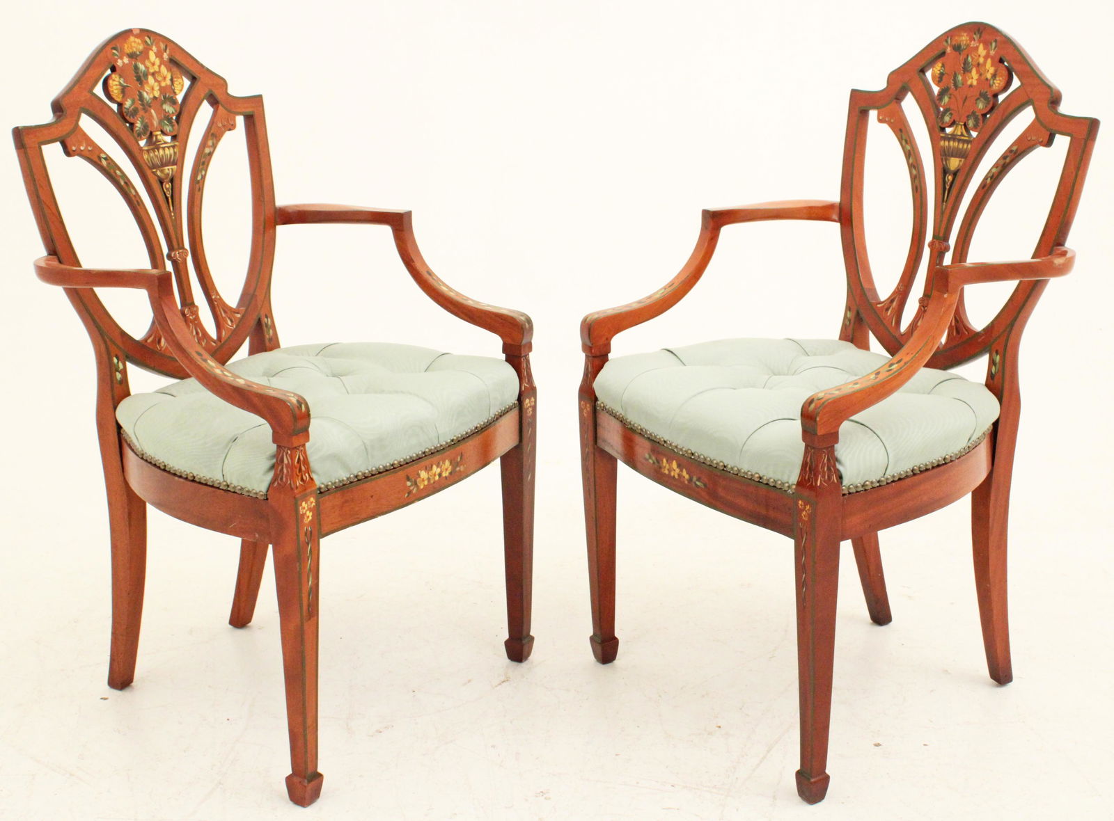 Pr of painted satinwood shield back arm chairs (1 of 2)