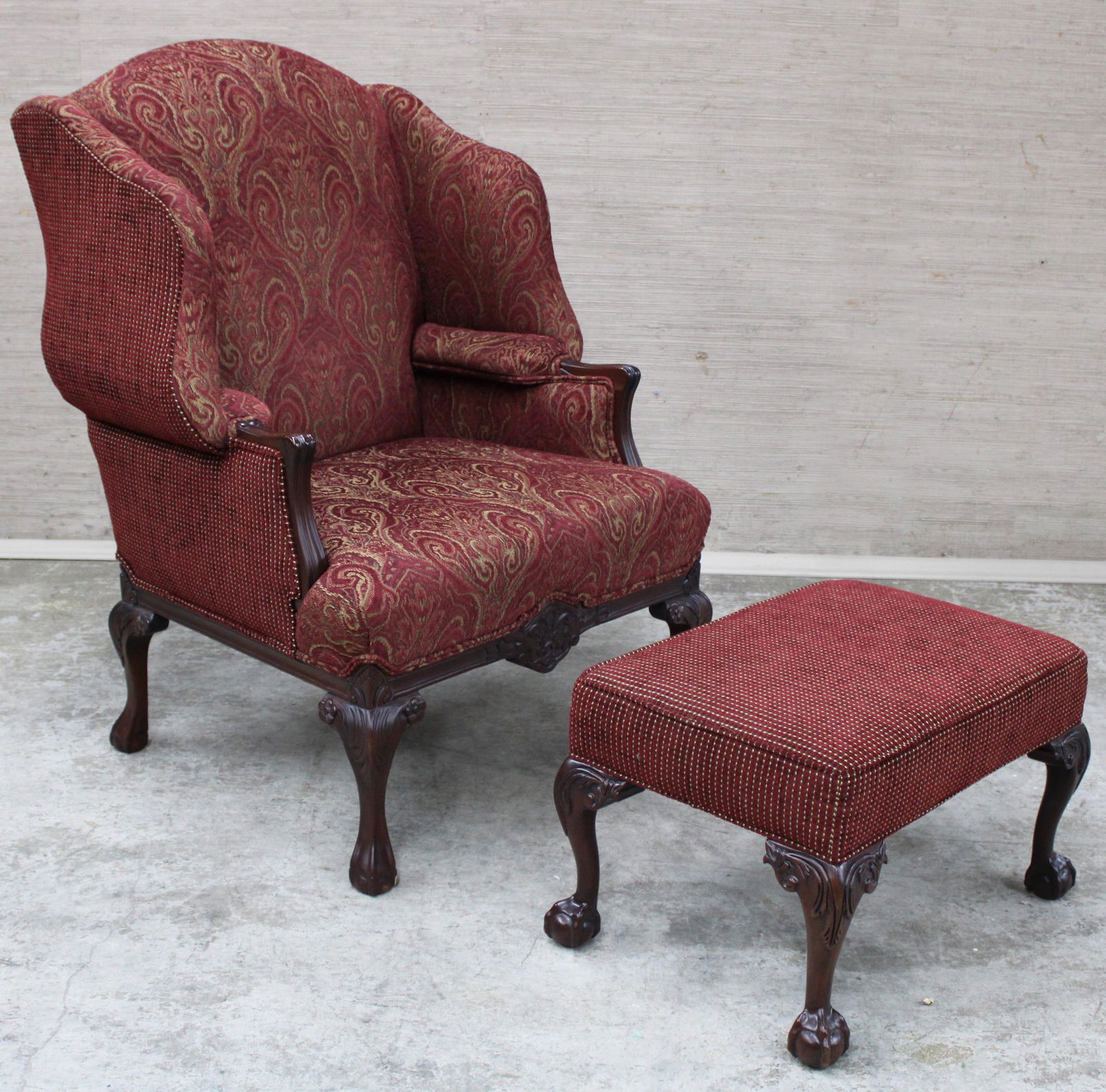 Chippendale style wing chair and ottoman (1 of 3)