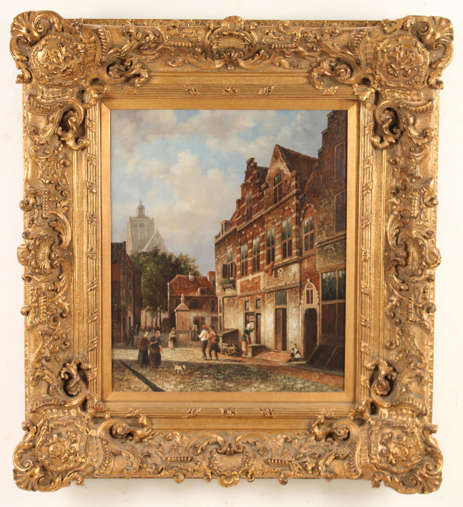 Dutch street scene after Cornelis Springer: Oil on canvas depicting the people milling about the street of Koopmanstraat in Brielle, Holland, after the work by Cornelis Springer (Dutch, 1817-1891), mounted in ornate frame, 20th century; 39"H 35