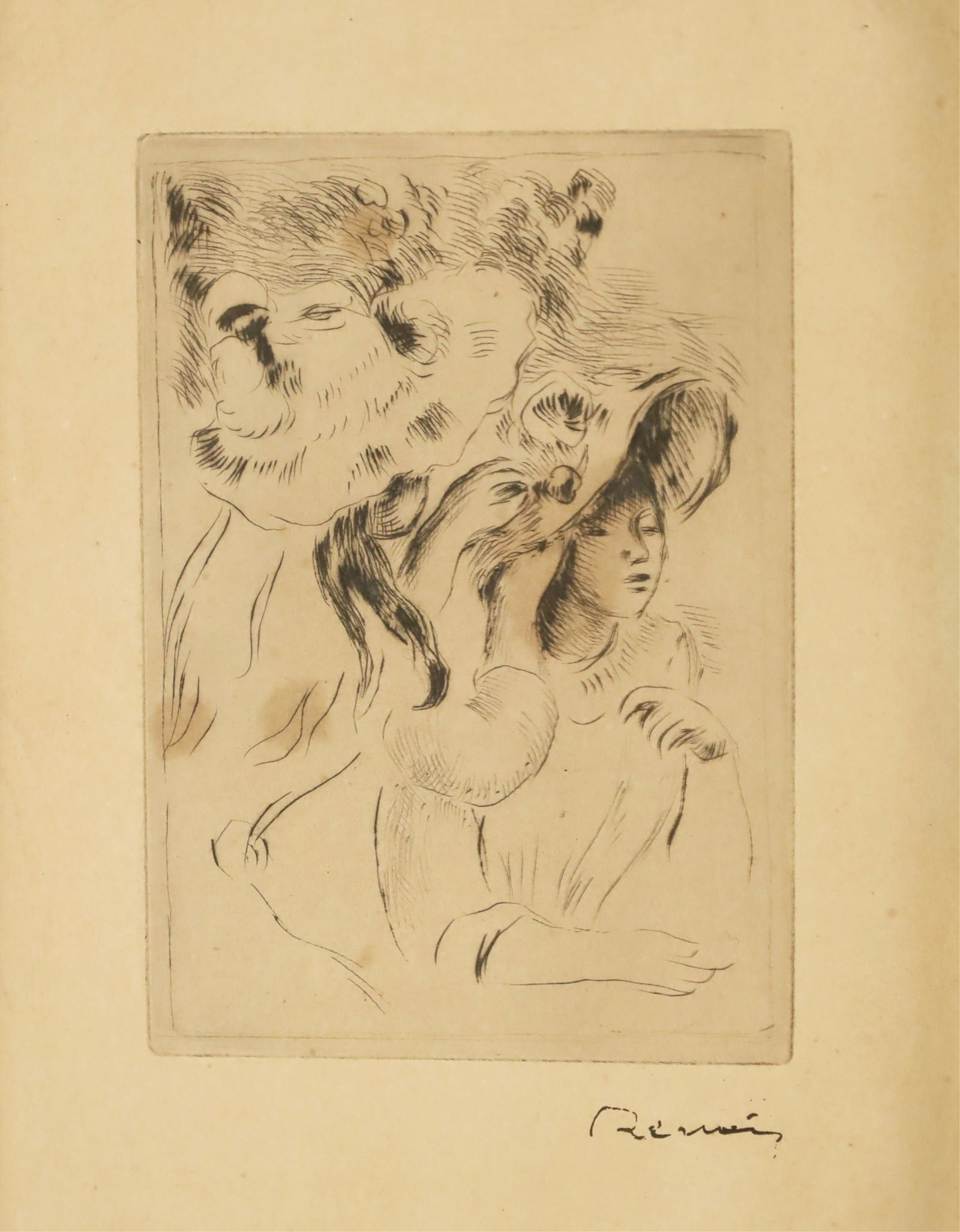Le Chapeau Epingle by Renoir: "The Pinning of the Hat" 1894 etching on wove paper by Pierre Auguste Renoir, artist stamped lower right, matted in frame, labeled on verso; 15"H 12.5"W overall