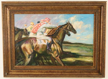 Under Starter's Orders, after Sir Alfred Munnings: Framed oil on canvas painting of jockeys on horseback, after the famous work by Sir Alfred Munnings (British, 1878-1959) ; 35.5"H 46.5"W overall