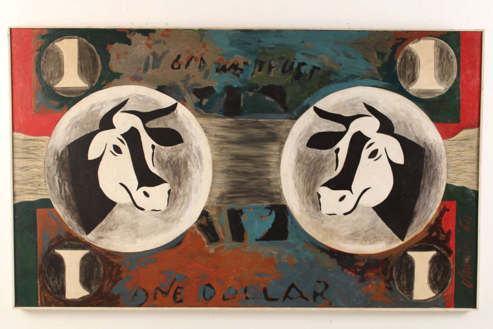 Jere Chumley; "Twin Cow Dollar": Oil and durland wax on canvas titled "Twin Cow Dollar" by Tennessee artist Jere Chumley; 37"H 61"W overall