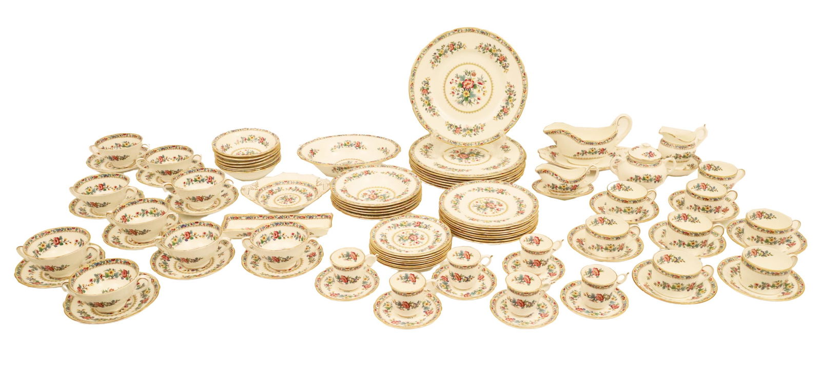 90 PC. COALPORT BONE CHINA DINNER SERVICE: 90 piece Coalport China "Ming Rose" pattern dinner service consisting of 8–11" dinner plates, 8–8" luncheon plates, 6-8" soup bowls, 6-6" bowls & saucers, 9 crème soups & saucers, 8 cups & saucer