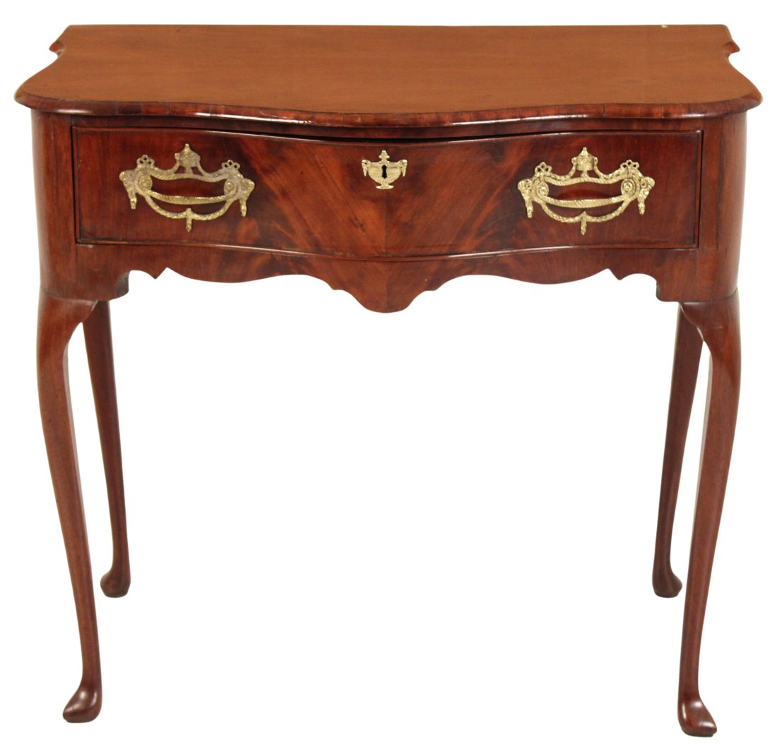 18TH C. CONTINENTAL SERPENTINE LOWBOY: 18th C. Continental serpentine shaped mahogany lowboy having one drawer frieze resting on cabriole legs and slipper pad foot, probably Dutch origin; 29.25"H 32"W 20"D