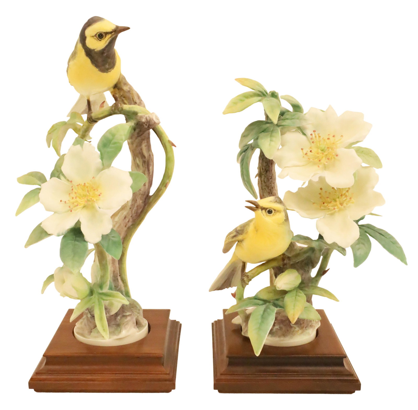 HOODED WARBLERS BY DOROTHY DOUGHTY: Pair of porcelain models of the Hooded Warblers with Cherokee Rose by Dorothy Doughty for Royal Worcester, resting on wooden bases, along with original shipping boxes; 12"H