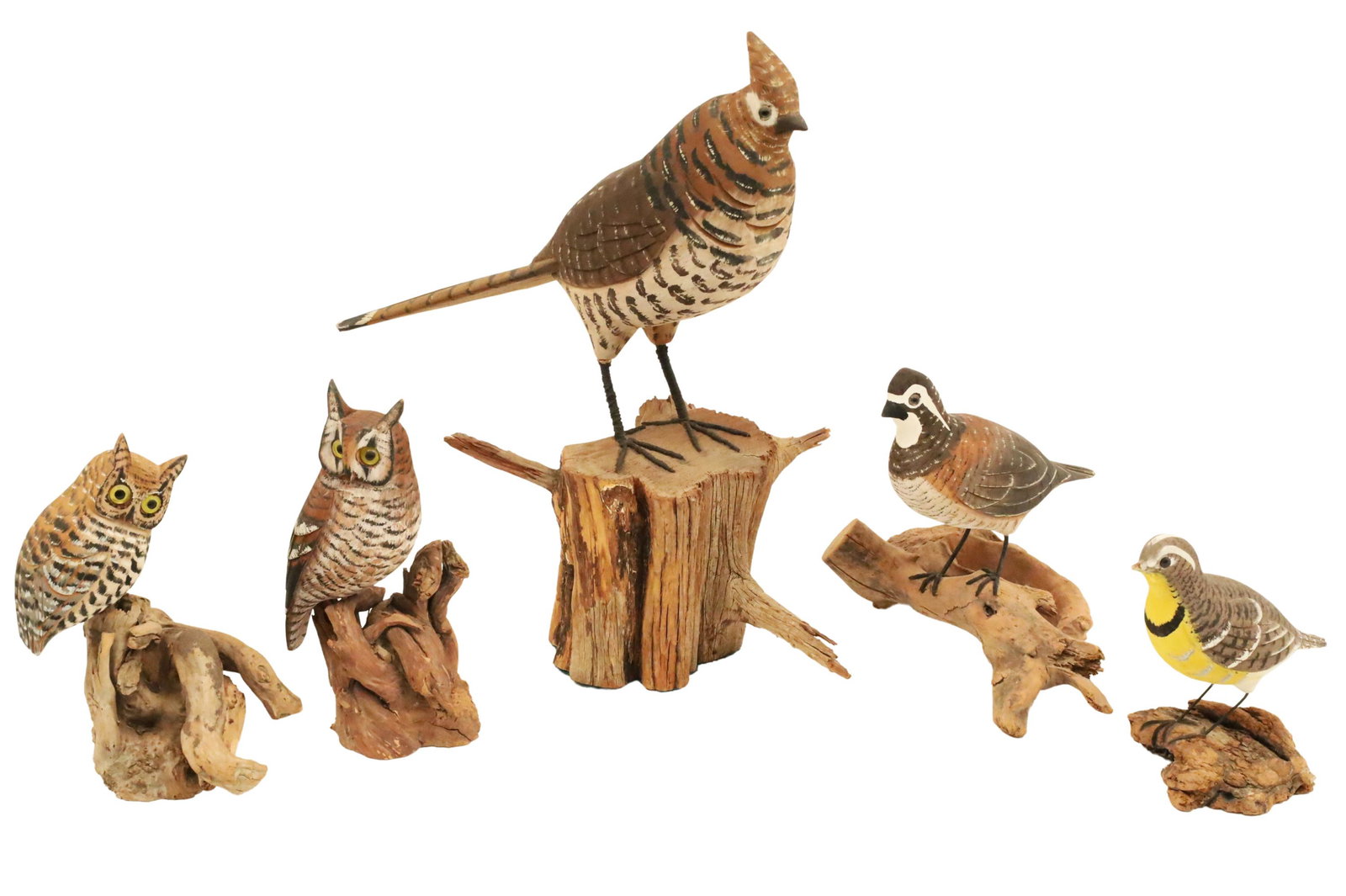 WALTER T. POWELL (TENNESSEE, 1926-2013): Group of 5 carved wood folk art bird models by Rockwood, Tennessee artist Walter T. Powell, including a rufffed grouse, quail, meadowlark, and a pair of great horned owls, each resting on driftwood st