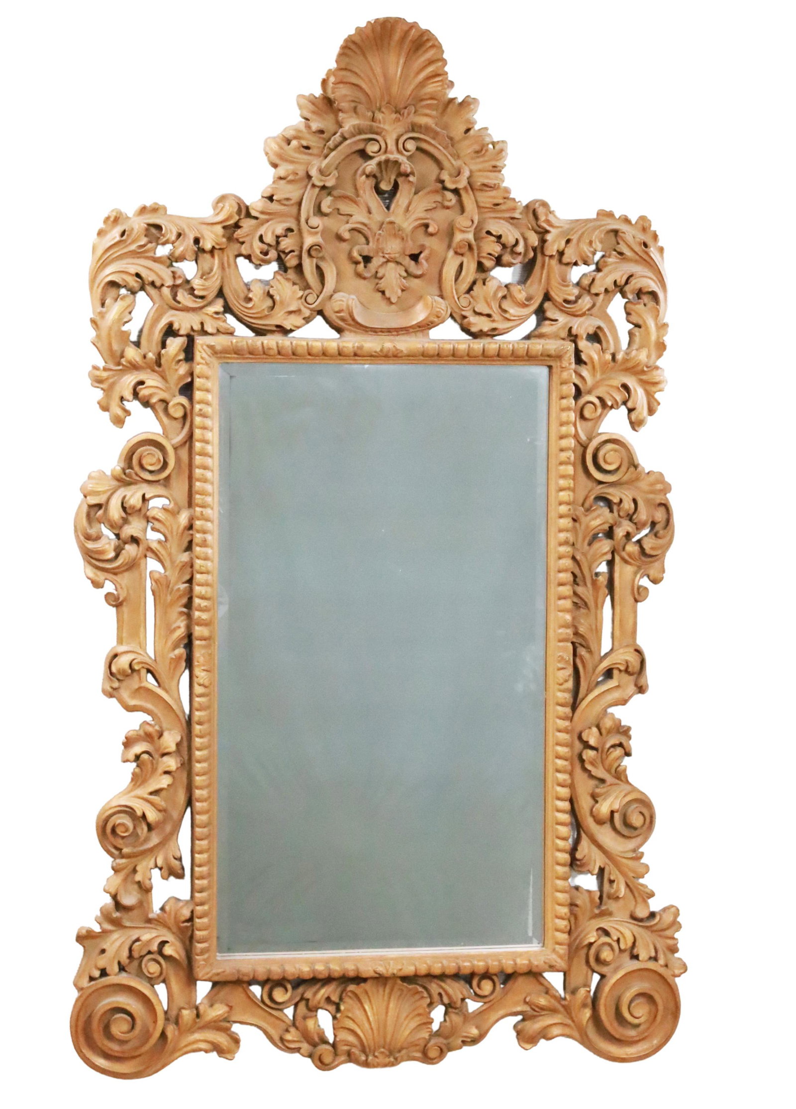 82" BAROQUE CARVED BEVELED GLASS MIRROR: Impressive 82" baroque carved pine beveled glass mirror; 82"H 46"W