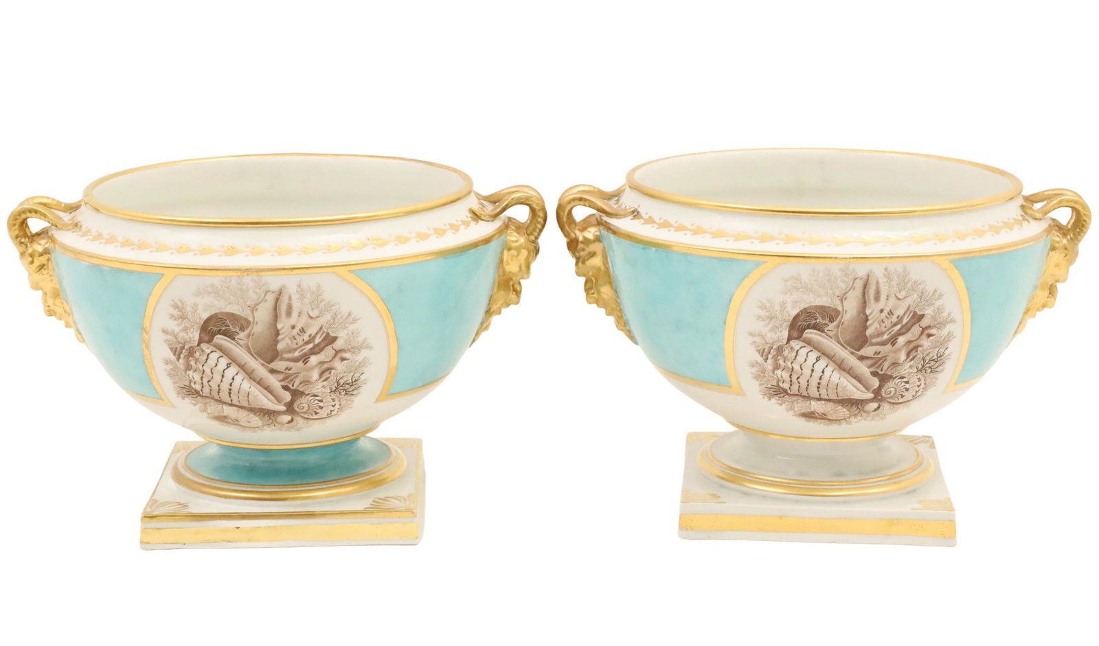 PR. OF ENGLISH PORCELAIN TUREENS: Pair of English porcelain open tureens having gold rim with satyr mask handles, main body with aqua blue with vignettes of sea shells on square plinth stands, possibly Minton, not marked; 6.5"H 11"Dia