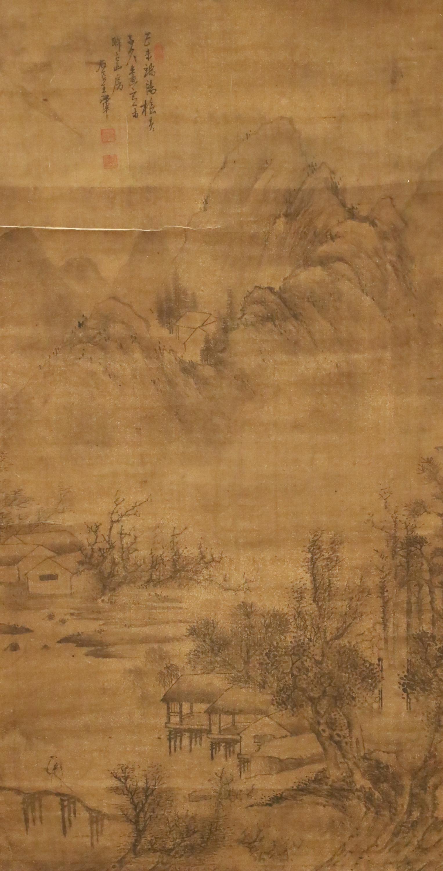 WANG HUI (CHINESE, 1632-1717): Ink and watercolor landscape by Wang Hui, depicting village below a mountain range, character mark inscription and artist seal upper left, mounted to silk hanging scroll; work 41"H 21.5"W overall 70"H