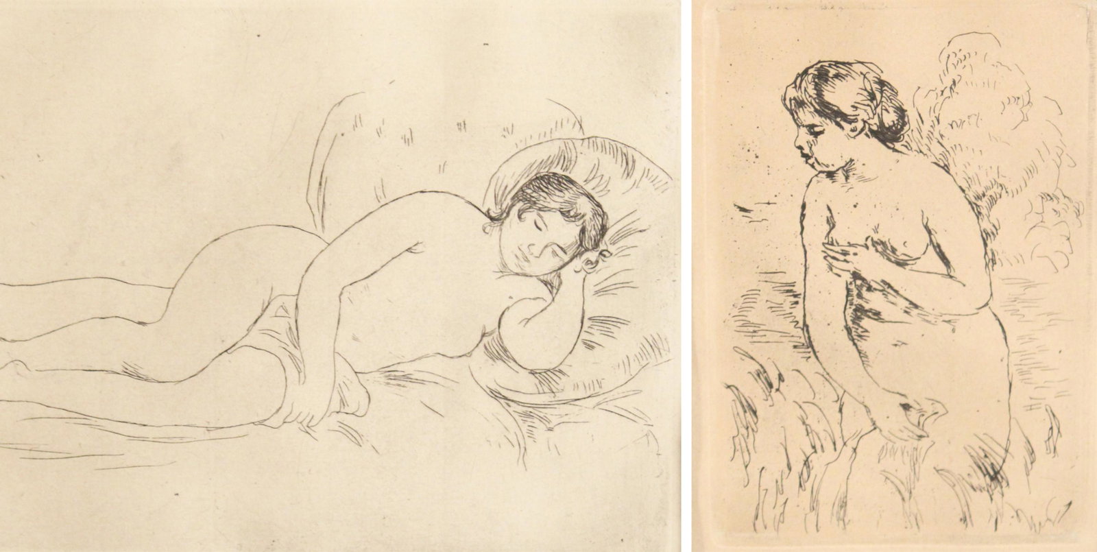 2 PC. LOT OF ETCHINGS, INCL. RENOIRE: Two piece lot of ethcings, including Renoir's "Baigneuse Debout" 1910, along with another etching of a reclining nude, both matted in frame; Renoir 16"H 13"W overall 6.5"H 3.5"W plateTWO PIECE LOT OF