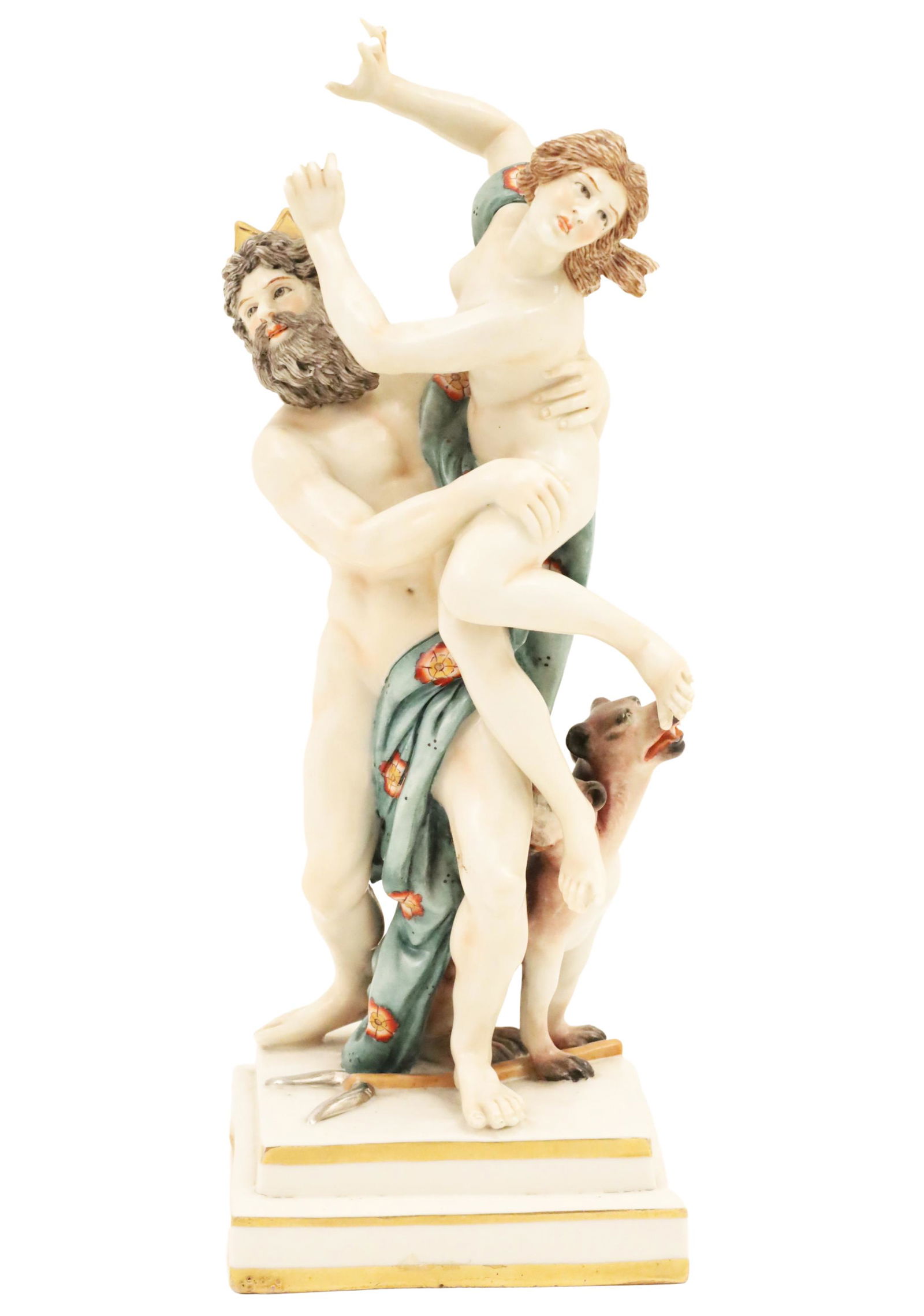 THE ABDUCTION OF PROSPERINA: A Dresden porcelain figure of Pluto abducting his wife Prosperina to the underworld, his hound Cerebus at his feet, model after the sculpture by Gian Lorenzo Bernini, marked with Saxony maker mark; 10