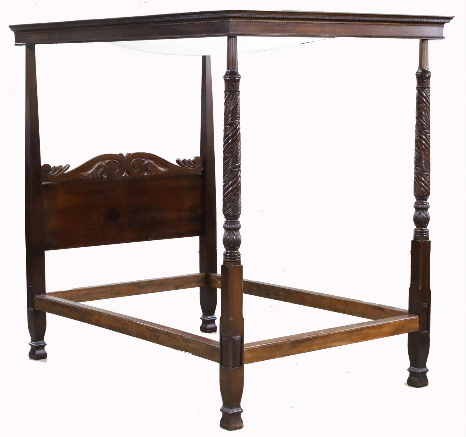 IRISH GEORGIAN STYLE CANOPY BED: Irish Georgian style four poster bed with dentil molding canopy, having tobacco nd acanthus leaf columns and scroll carved headboard; 87"H 59.5"W 87"D