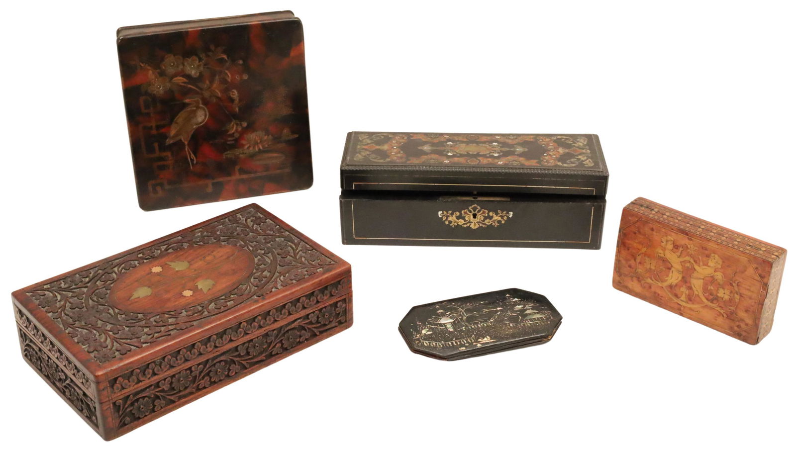 GROUP OF 5 INLAID WOOD AND LACQUER BOXES (1 of 8)