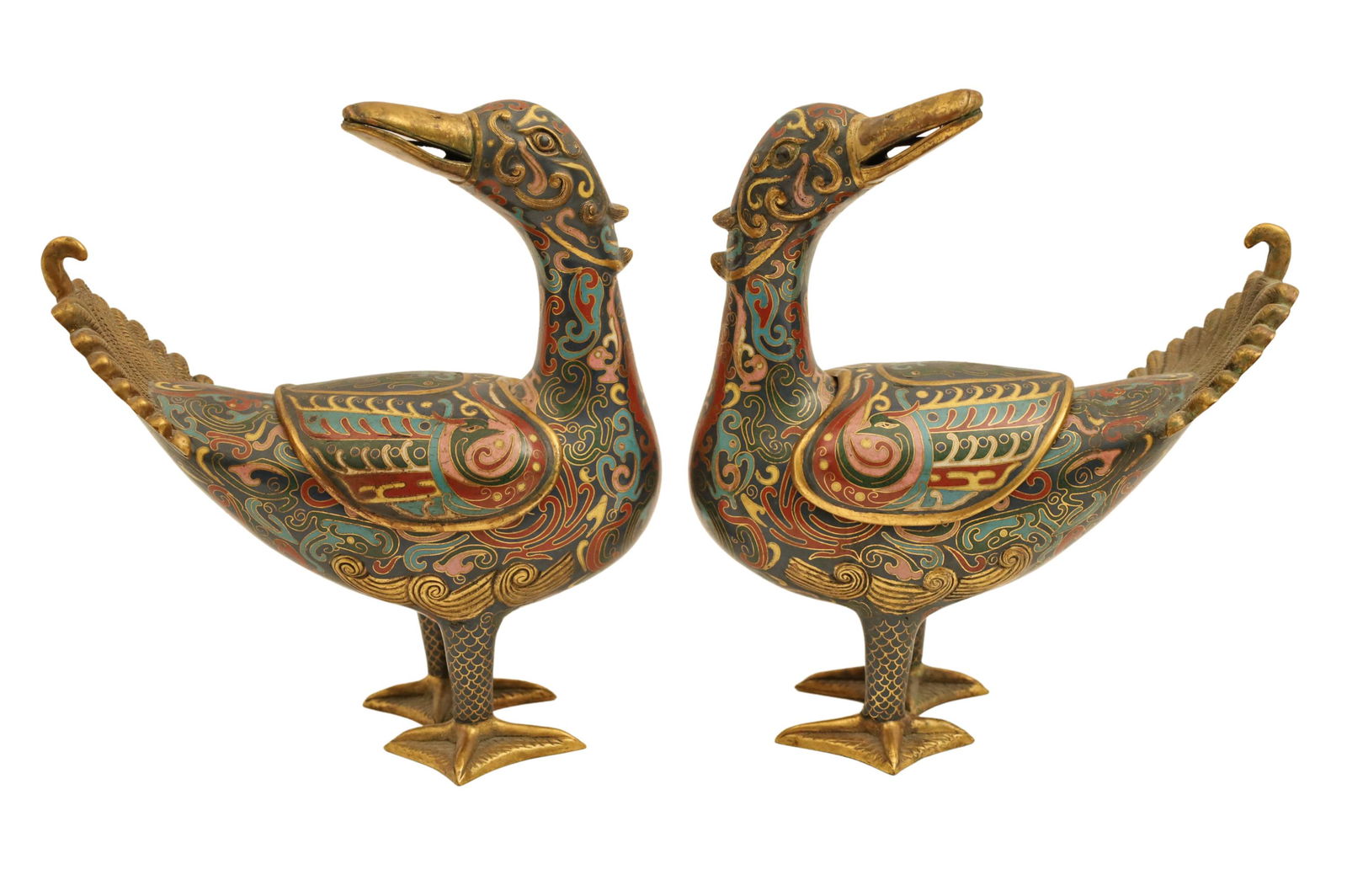 PAIR OF CHINESE CLOISONNE ENAMEL DUCK VESSELS (1 of 4)