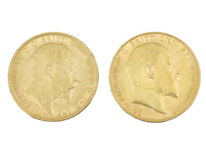 1906 & 1907 UNC SOVEREIGN EDWARD VII LONDON GOLD: COINS 1906 & 1907 UNC Sovereign Edward VII London gold coins; displays Benedetto Pistrucci's engraving of St. George killing a dragon*Grading provided is an opinion of the cataloger. It is not an offi