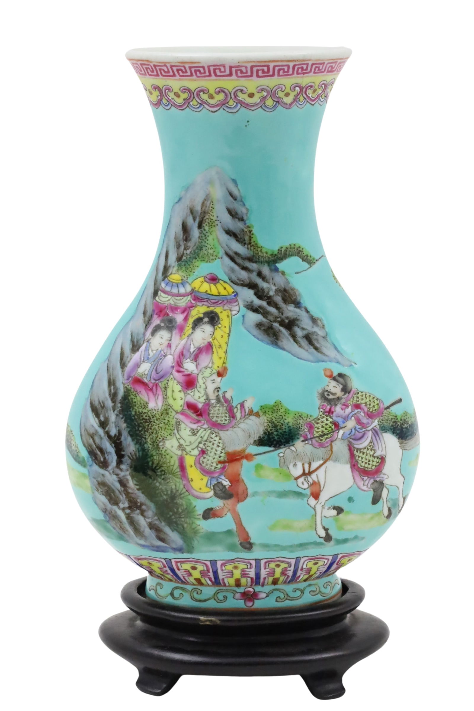 CHINESE ROSE FAMILLE PORCELAIN VASE: Chinese rose famille porcelain vase decorated with scenes of figures on horseback against a celadon glaze body, six character Gangxu reign mark on reverse, late 19th century ; 8"H without stand
