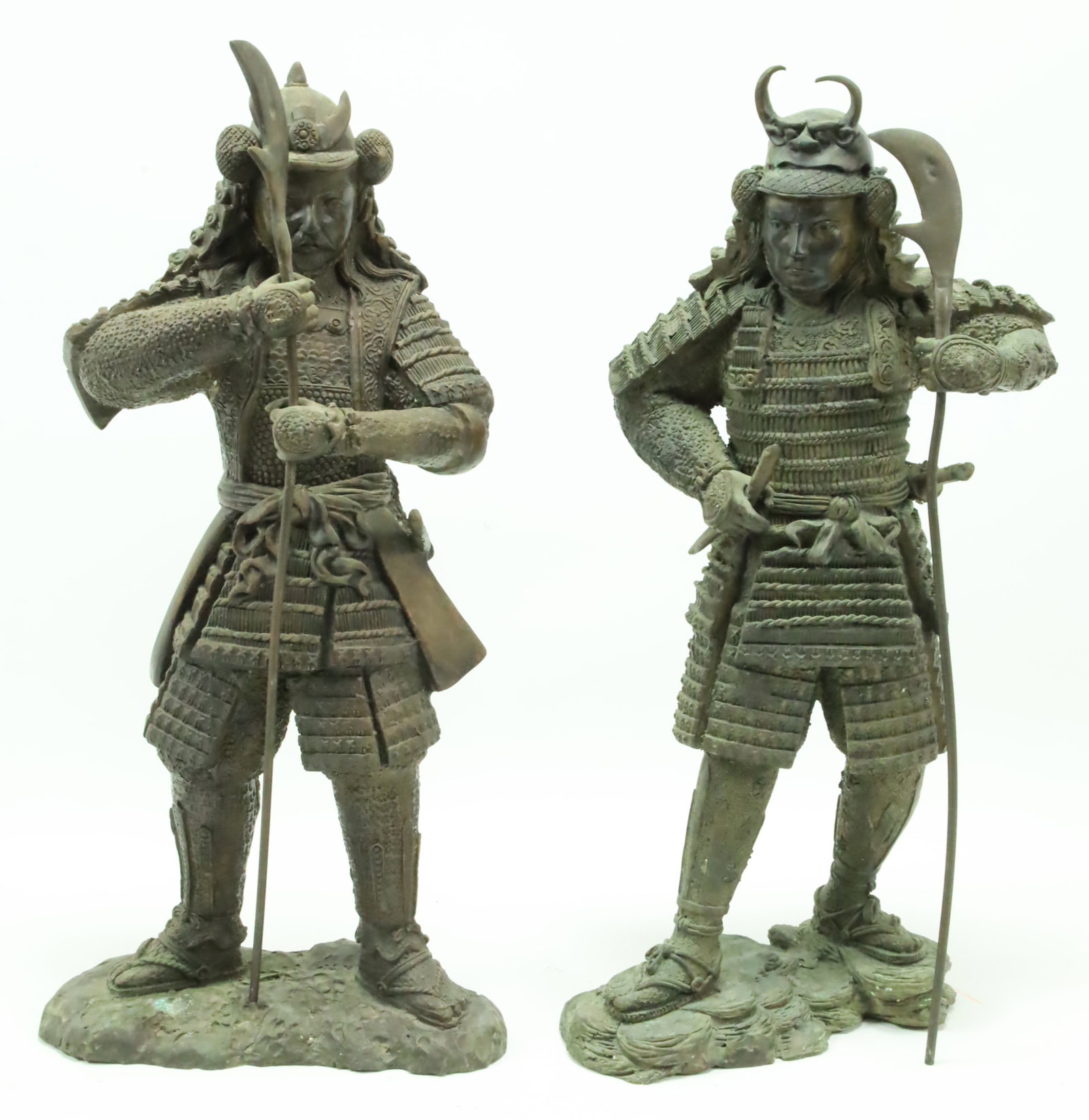PR JAPANESE BRONZE SAMURAI, MEIJI PERIOD: Pair of Meiji period bronze samurai guardians presenting their yari spears, 19th century; 19"H