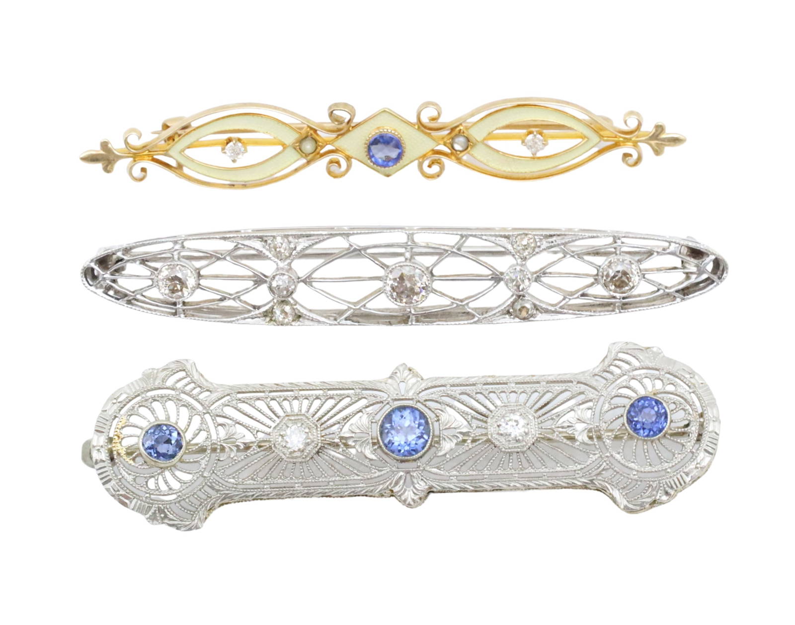 Three 14k Gold Bar Pins W/dias. & Sapp. Auction