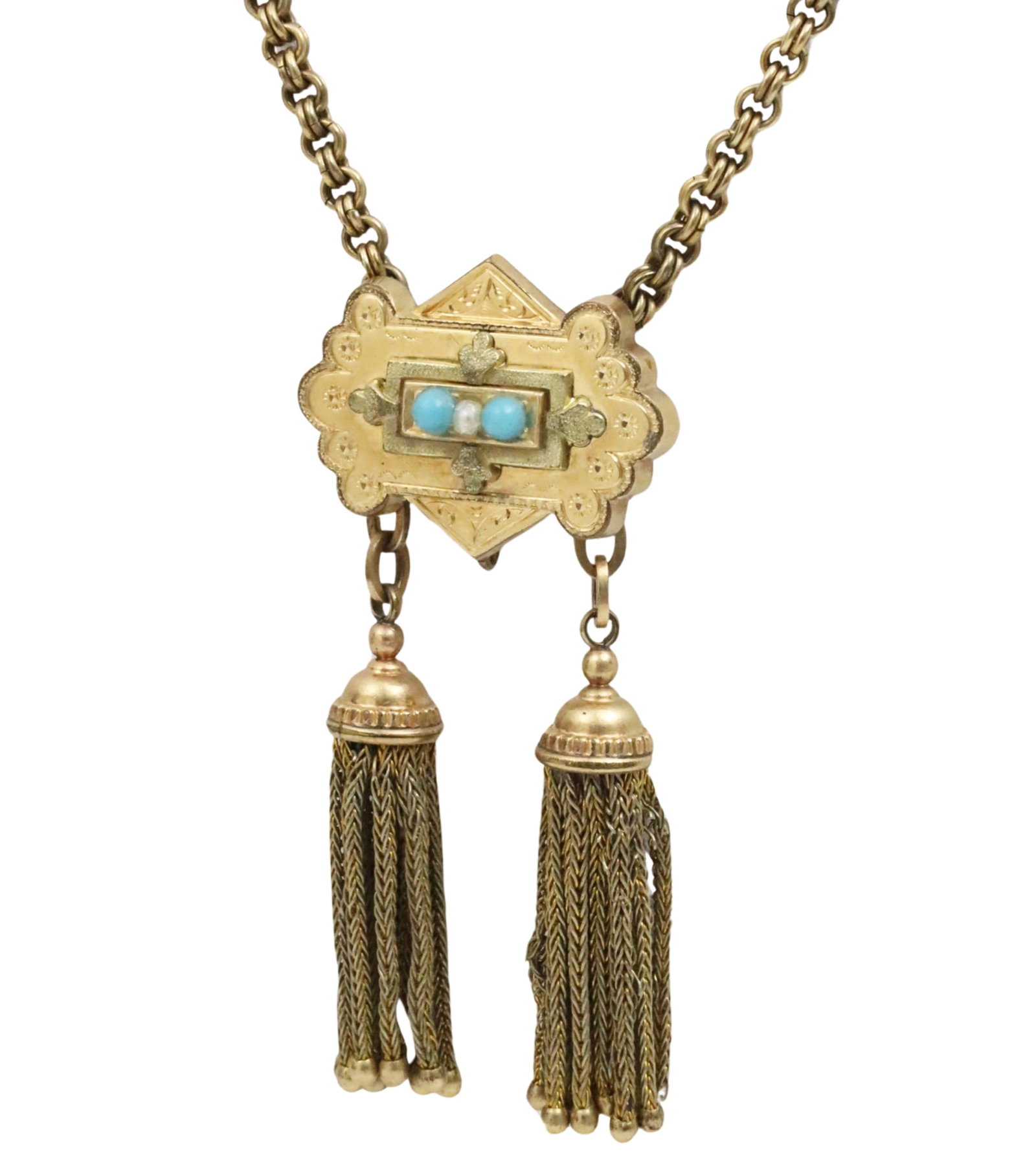 ANTIQUE VICTORIAN TURQUOISE/PEARL NECKLACE: Antique 10K Victorian yellow gold necklace having pendant with turquoise and sea pearl mount adorned by hanging tassel; 26.8 grams total weight - PLEASE NOTE: All invoices over $1,000 must be paid via