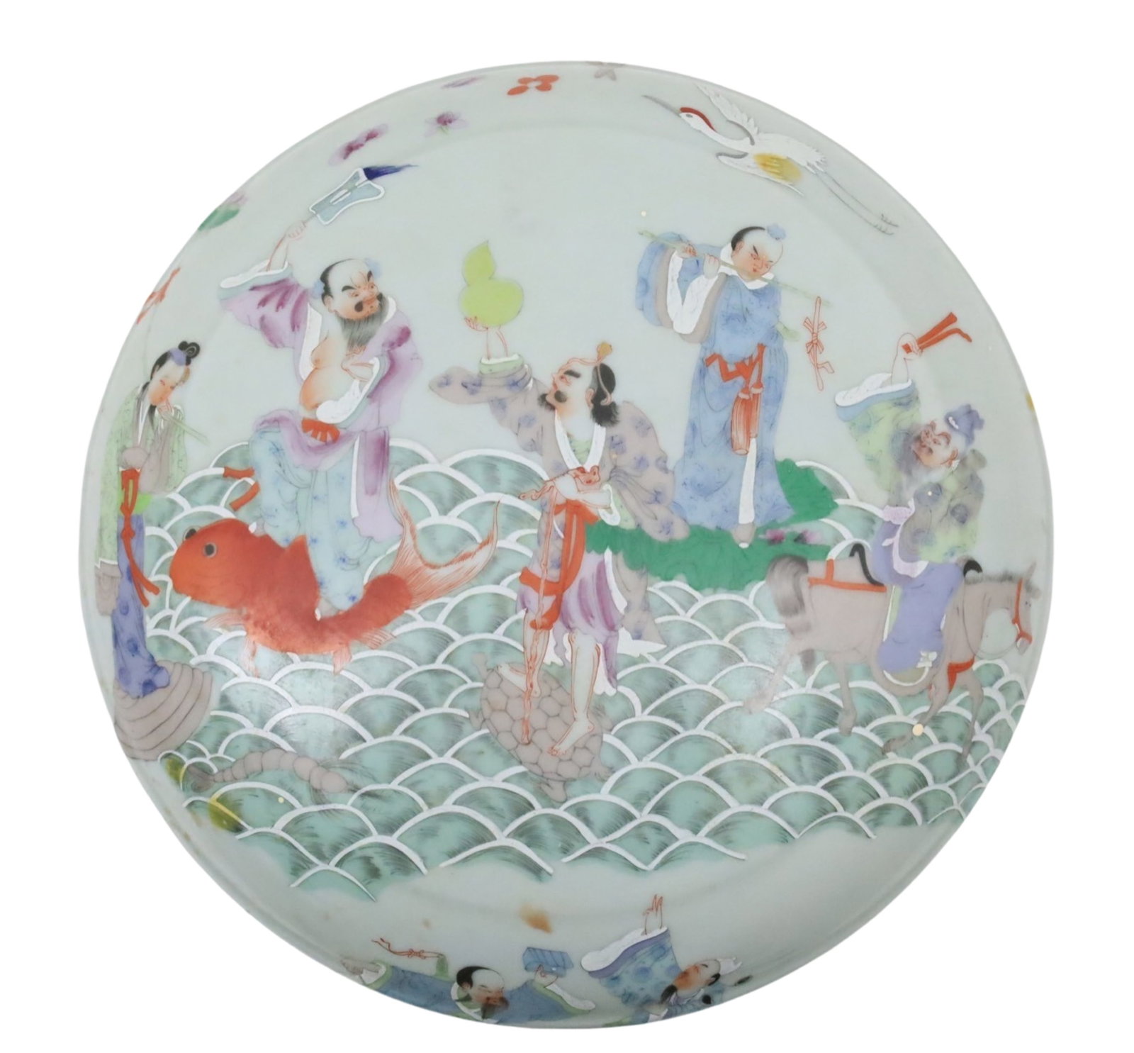 CHINESE PORCELAIN LIDDED BOWL OF 8 IMMORTALS: Chinese famille porcelain bowl, enameled scene with The Eight Immortals across lid, character marks underglaze across body of bowl, Republic period; 7.5"H 13" Diameter
