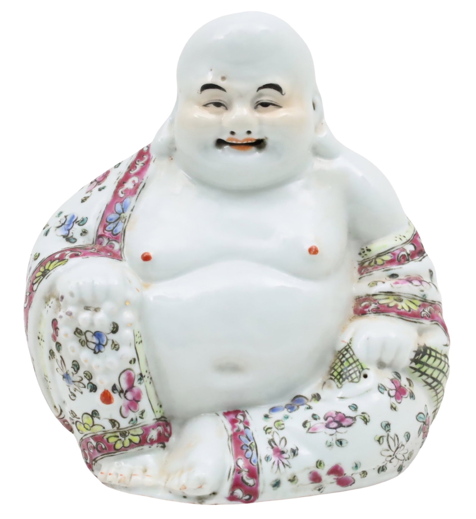 CHINESE ROSE FAMILLE PORCELAIN BUDDHA: Chinese rose famille porcelain figure of a seated buddha, impressed mark on reverse, Republic period; 8"H 7"W 4"D