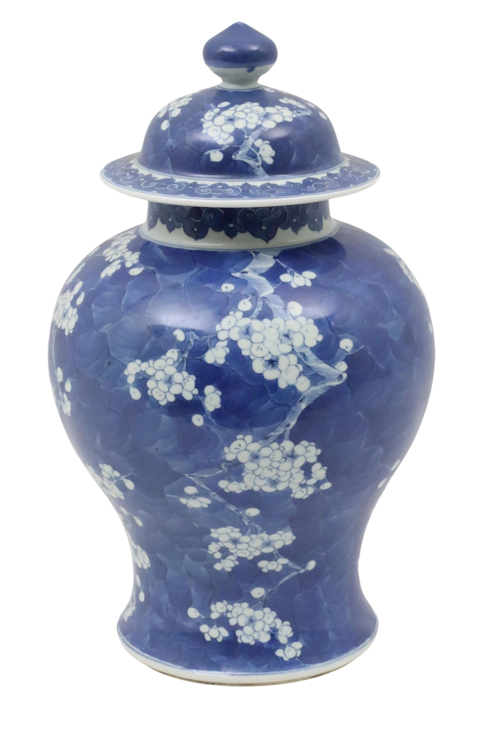 CHINESE BLUE AND WHITE PORCELAIN GINGER JAR: Chinese blue and white porcelain ginger jar, blooming prunus tree blossom body, blue double ring mark underglaze on reverse, Republic period; 17"H