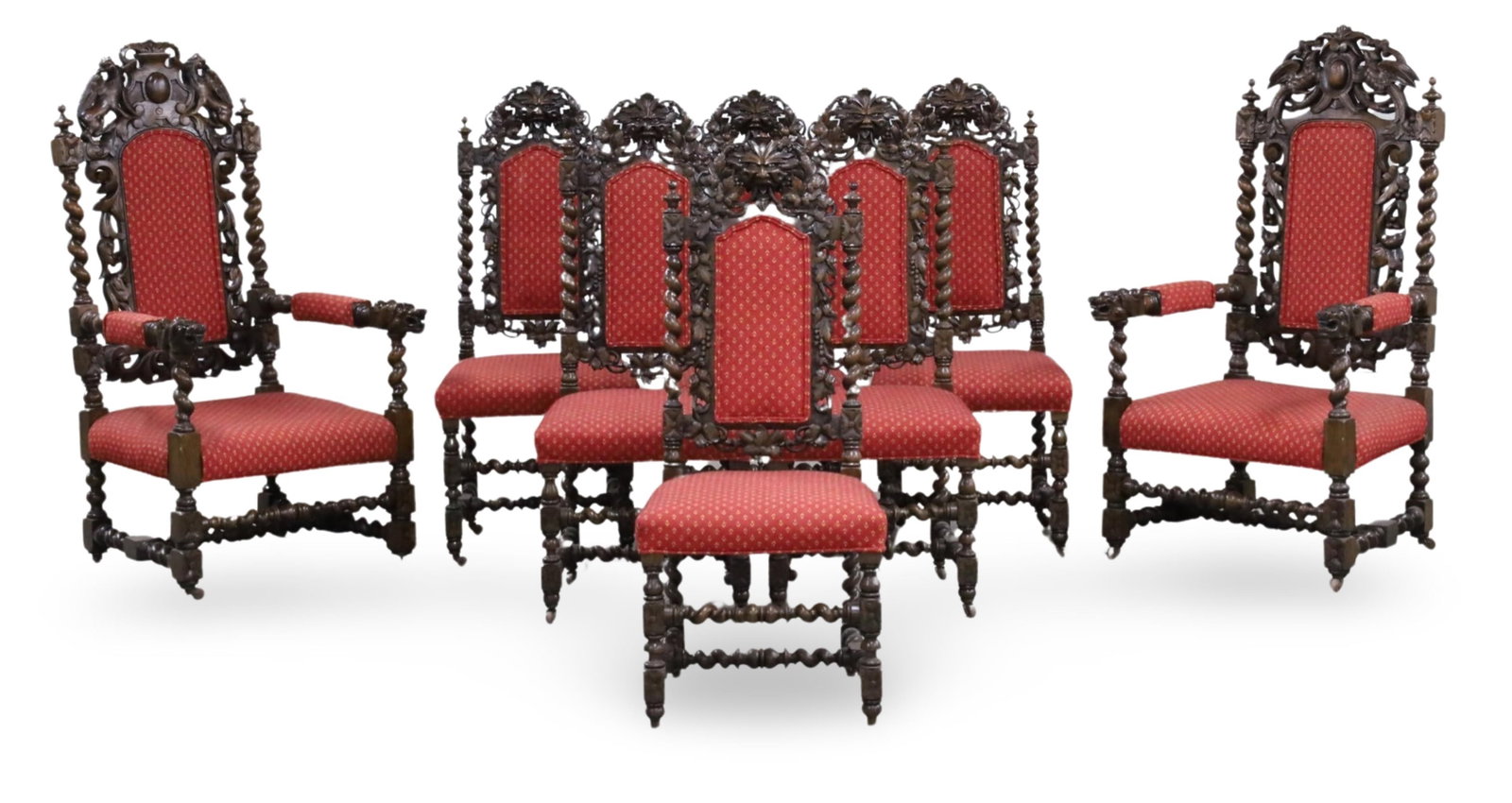 SET OF 6 & 2 FRENCH RENAISSANCE CHAIRS: Set of 6 & 2 French renaissance barley twist carved oak and walnut chairs having cartouche and zephyrus mask respectively carved back splats; 50"H 26"W 21"D arms, 44"H 18"W 16"D sides