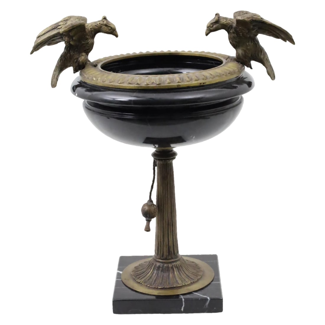 BLACK MARBLE FOUNTAIN W/BIRDS: Black marble fountain having bronze birds, mounted to fluted design chapter ring over looking basin, resting on a similar inspired column; 21"H 18"w