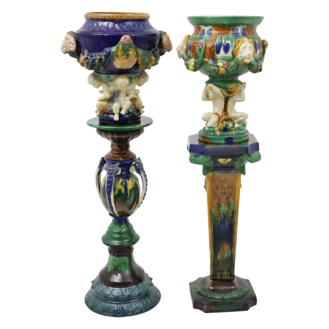 COMPANION PAIR OF MAJOLICA PLANTERS ON PEDESTAL (1 of 6)