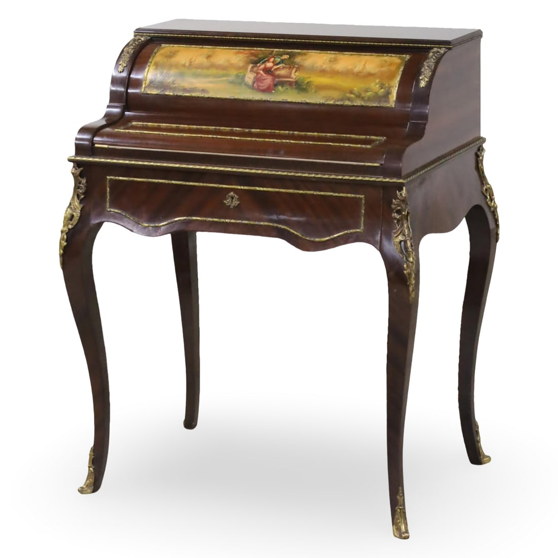 LOUIS XV STYLE CYLINDER FRONT BUREAU: Louis XV style bronze mounted mahogany cylinder front bureau having one drawer frieze resting on cabriole leg and sabot adorned feet; 39"H 30"W 20"D