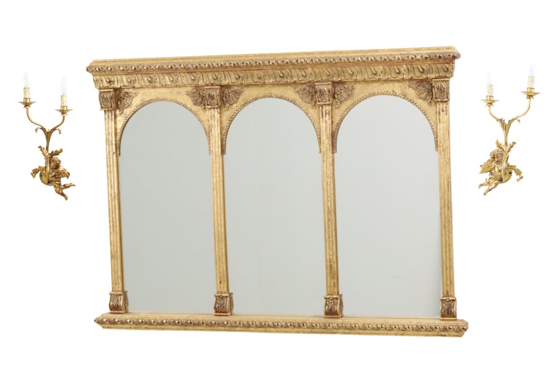 FRENCH STYLE GILTWOOD MIRROR AND PR OF SCONCES (1 of 4)
