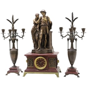 FRENCH BRONZE CLOCK SET, AIZELIN, BARBEDIENNE