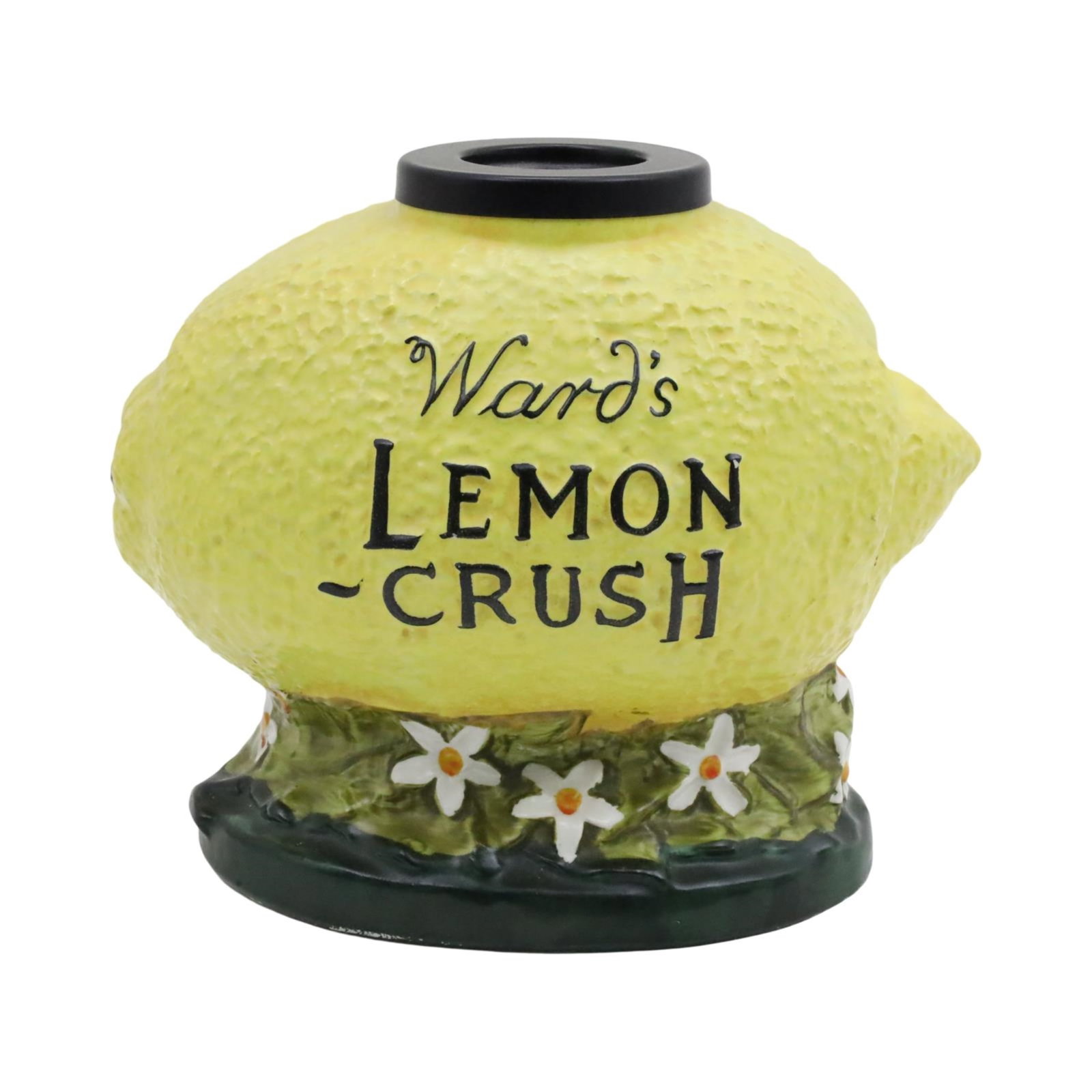 WARD'S LEMON CRUSH SODA SYRUP DISPENSER: Porcelain soda syrup dispenser reservoir, for Ward's Lemon Crush, circa 1920, missing spout; 9.5"H 11"W 8"D; Condition: hairline observed on reverse