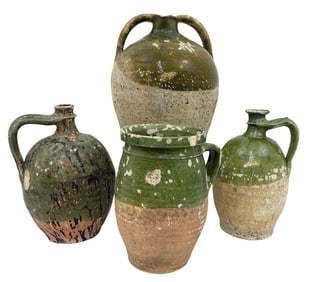 4 GREEN EARTHENWARE VESSELS