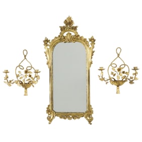 CARVED GILTWOOD MIRROR AND PR OF GILT SCONCES