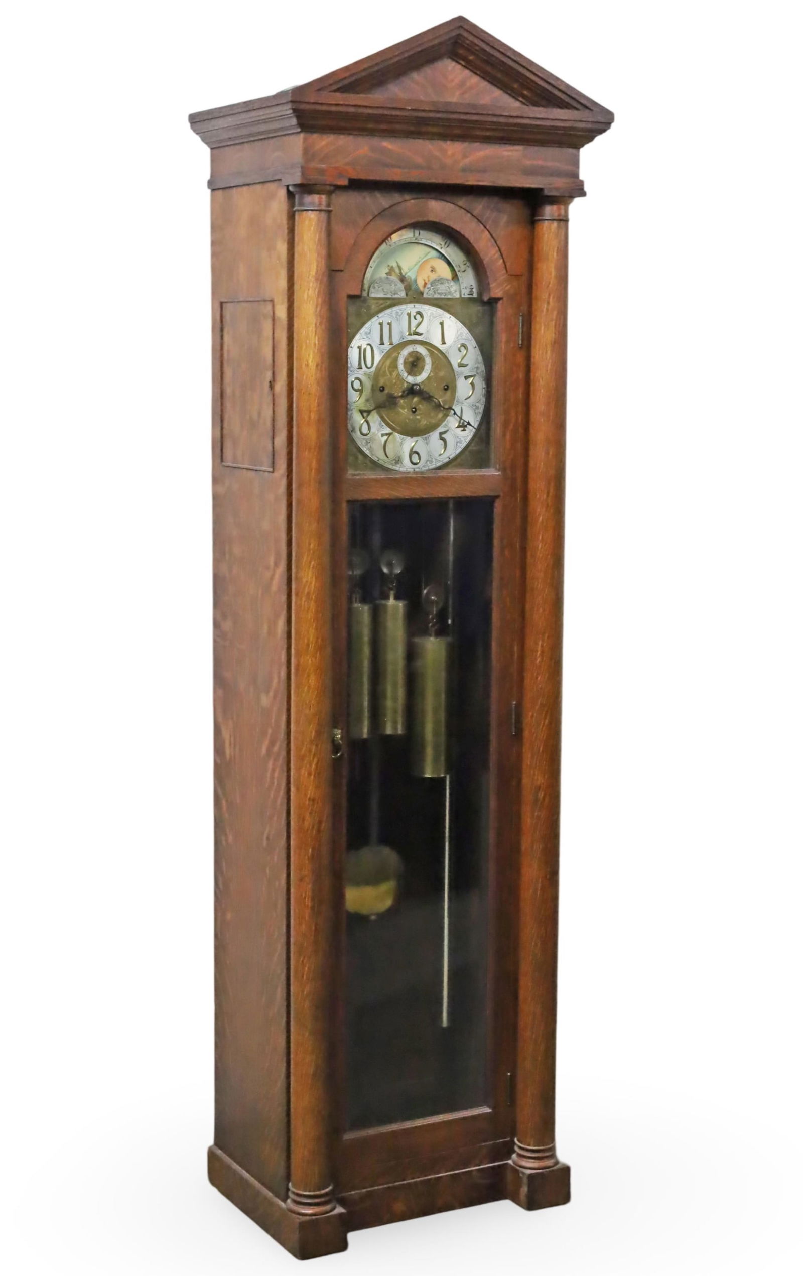 AMERICAN TIGER OAK GREEK REVIVAL GRANDFATHER CLOCK (1 of 7)